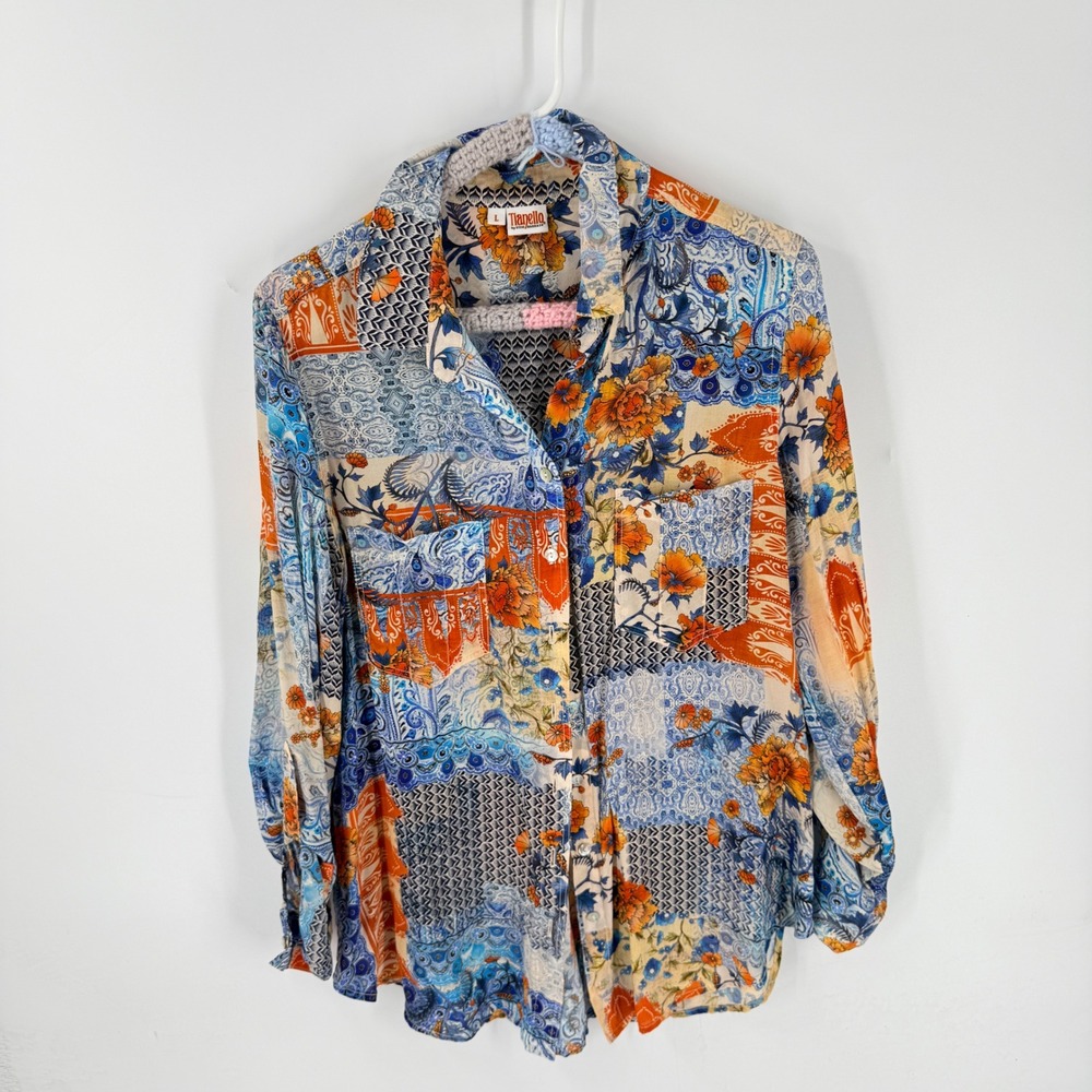 Tianello Savoir Blouse Blue Orange L Patchwork Floral Silk Button Up Artsy